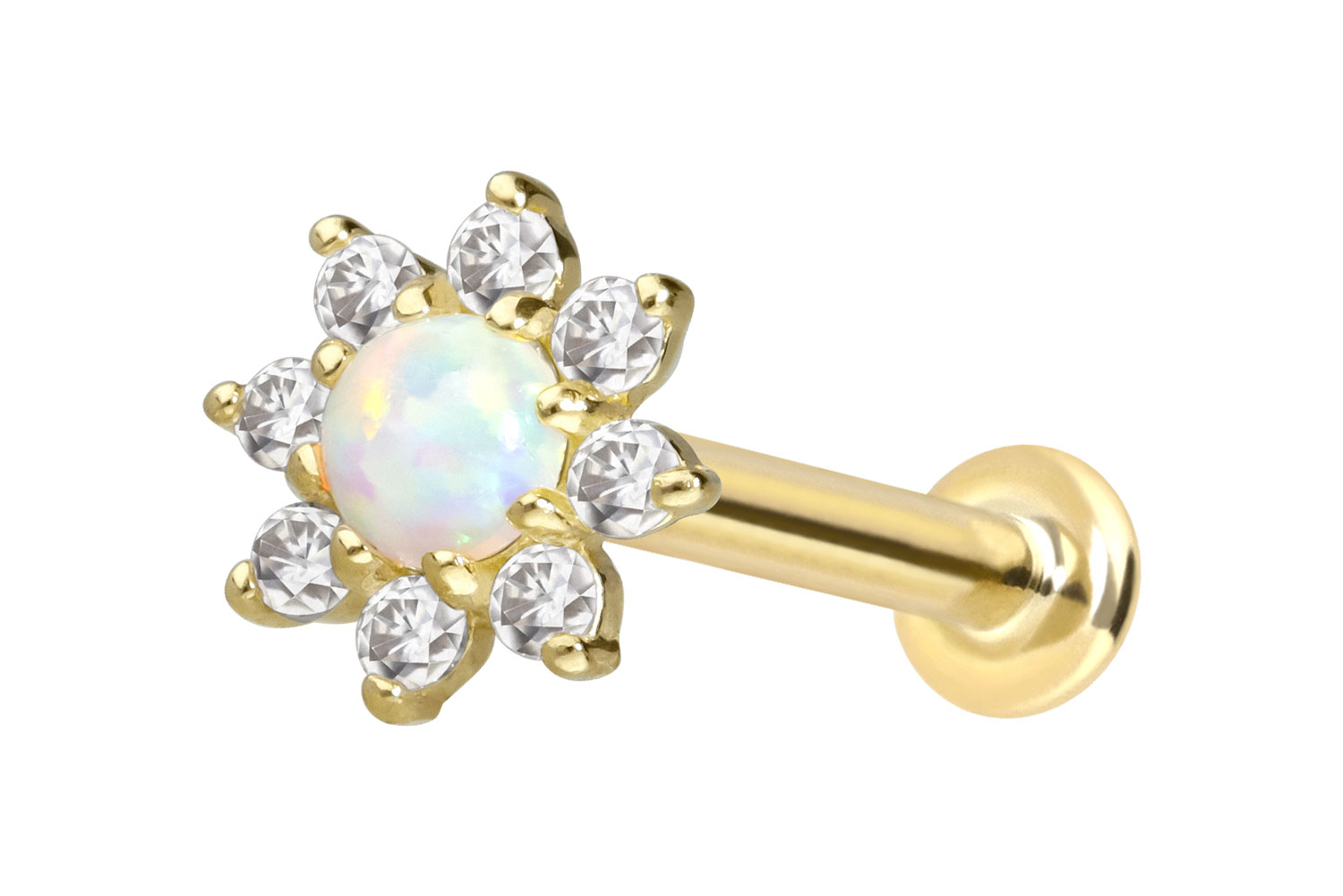 14 Karat Gold Labret Piercing mit Innengewinde MOISSANIT-BLUME + SYNTHETISCHER OPAL